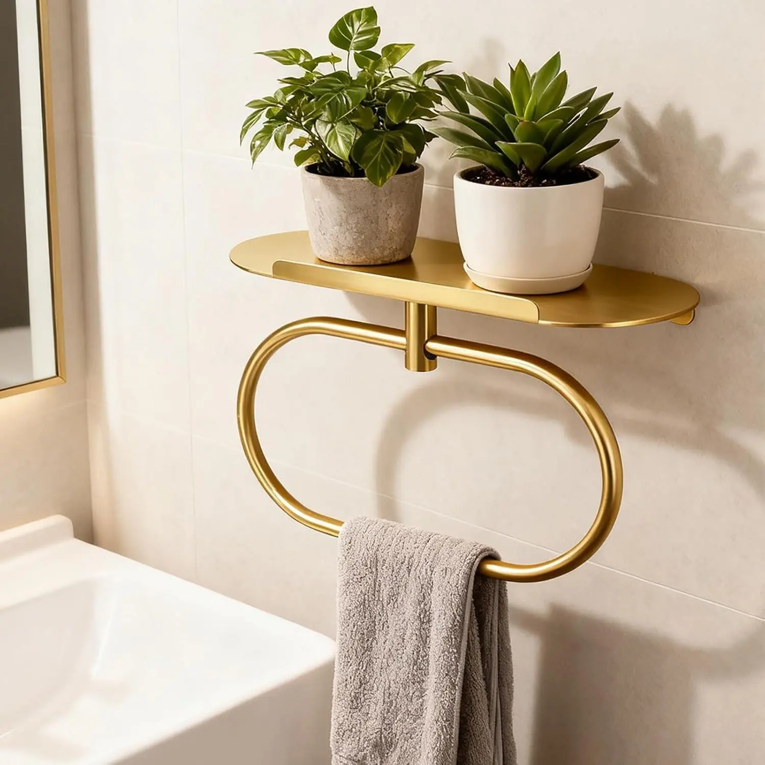 Gold Towel Ring with Shelf, Heavy-Duty Stainless Steel Bathroom Hardware, Adhesive No-Drill or Drill-Mount Wall-Mounted Holder for Bathroom & Kitchen