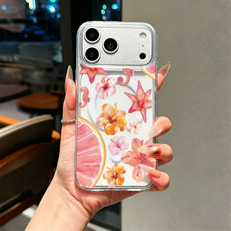 Tropical Seahorse Grapefruit Flower Phone Case， Vibrant Botanical Art Style for iPhone 17 16 15 14 13 12 11 Plus Pro Max， Summer Gift.
