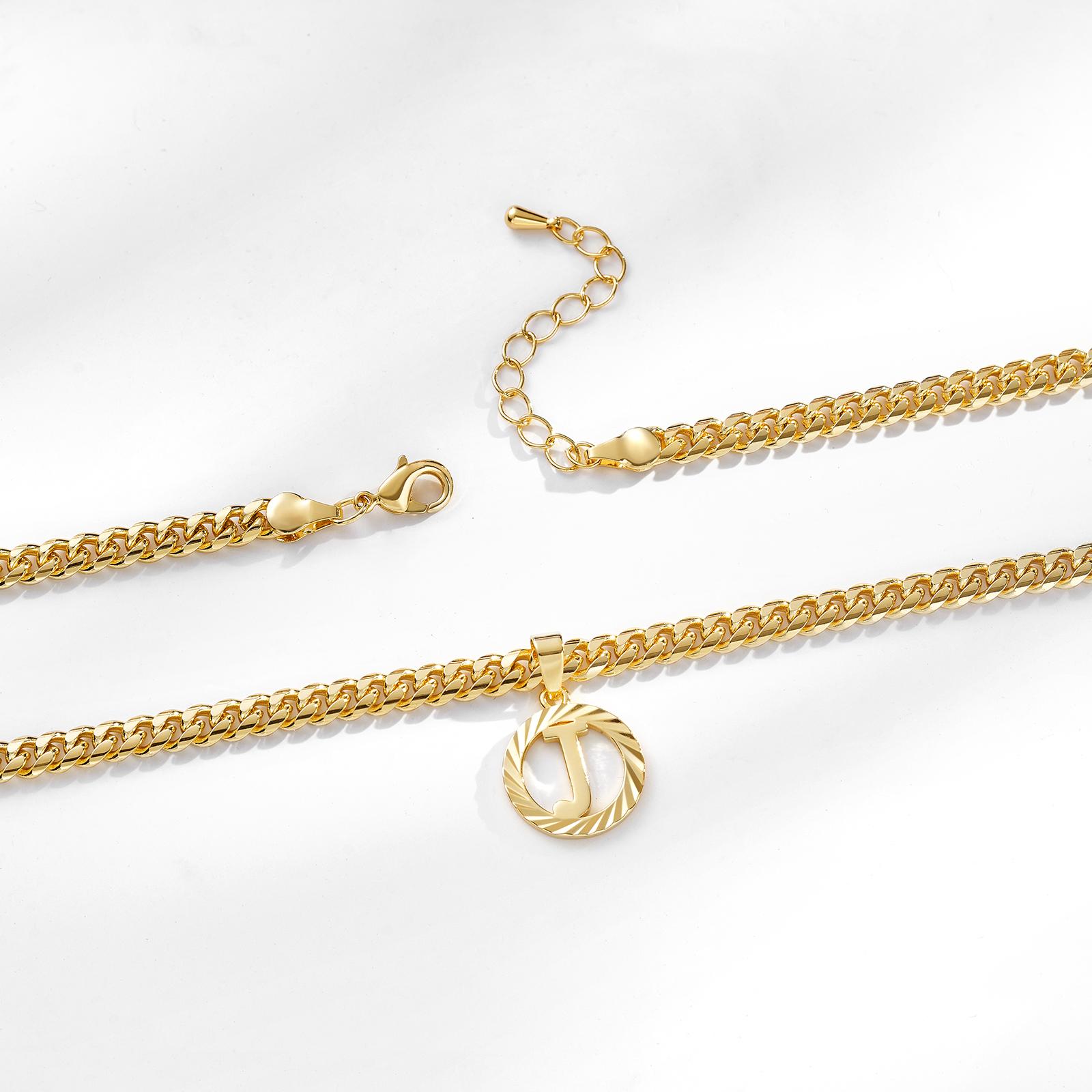 [Round Initial Necklace For Women Men]Alphabet Letter Pendant Hollow Monogram Dainty Jewelry 5mm Cuban Chain Necklace L07