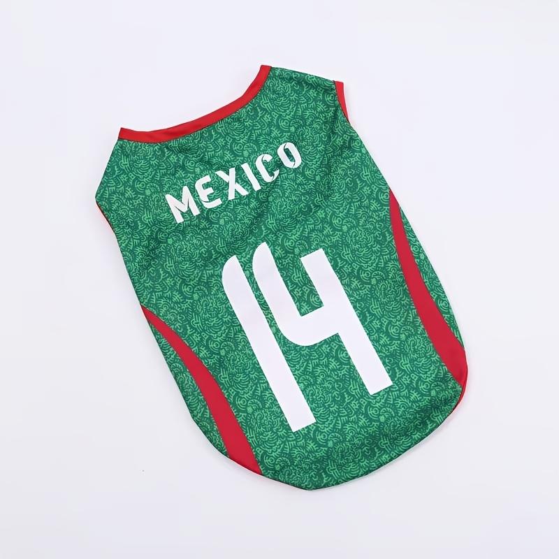 Mexico 2026 Soccer Pet Jersey - Sleeveless Breathable Fabric, Suitable for Dogs and Cats, Comfortable for All Seasons, Machine Washable, Fluorescent Green with Red and White Stripes and "Mexico 14" Number, Pet Sportswear, Lively Design