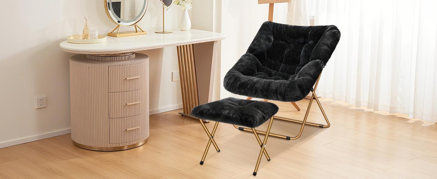 Comfy Saucer Chair, Foldable Living Room Chairs, Soft Faux Fur Lounge Chair for Bedroom, Reading Chairs for Adults,Teens, X-Large (Black)