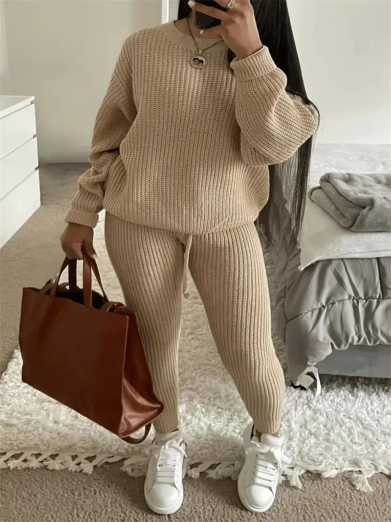 Gray knit set with drawstring waist pants