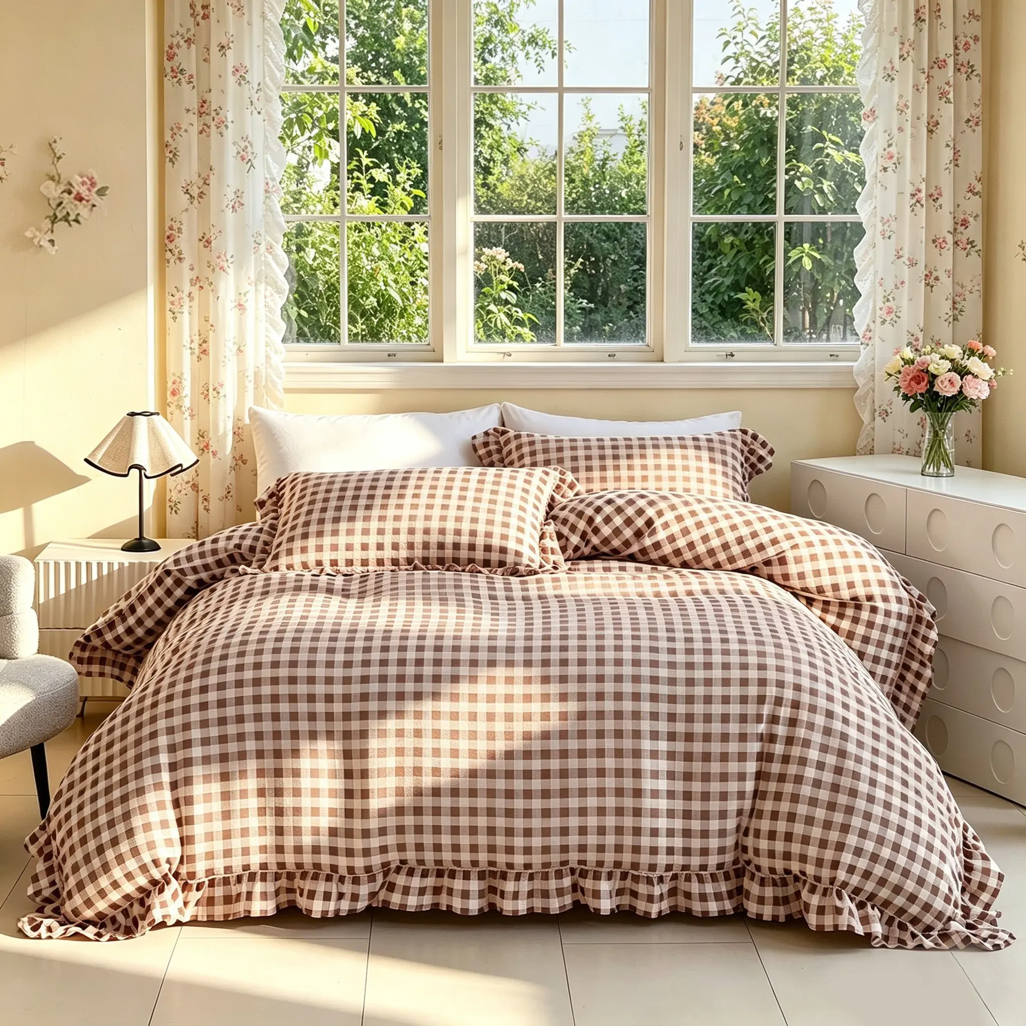 Romantic Light Coffee Plaid Ruffle Bedding Set, Comfy Bedding Sets, Includes 1 Duvet Cover and 2 Pillowcases no inserts, Soft Fabric, Detachable Zipper, All Seasons, Ideal Gift