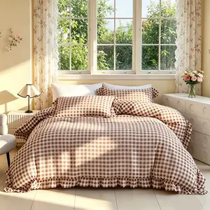 Romantic Light Coffee Plaid Ruffle Bedding Set, Includes 1 Duvet Cover and 2 Pillowcases no inserts, Soft Fabric, Detachable Zipper, All Seasons, Ideal Gift