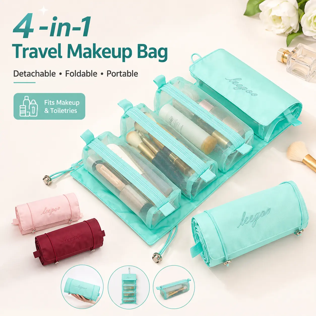 Ladies’ 4-in-1 Detachable Modular Makeup Bag, Minimalist Foldable Home Organizer Storage Pouch for Cosmetics & Toiletries, Portable Kit for Short Trips & Daily Outdoor Use
