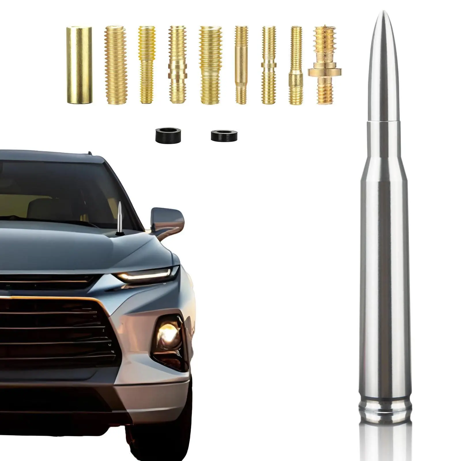 50 Cal Bullet Antenna Replacement - Compatible with Ford, Dodge, Jeep, Toyota, GMC Sierra Chevy Silverado Dodge Ram& Chevy Trucks | Includes Tire Valve Caps, Universal Short Antenna for Car Radio Accessories
