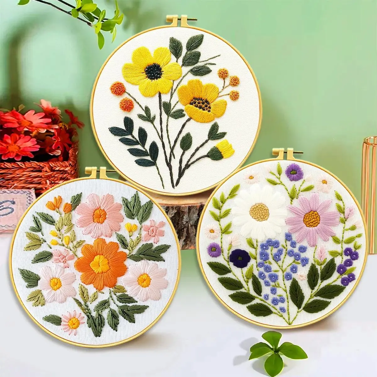 3pcs Beginner-Friendly All-Seasons Embroidery Kit, Wildflower-Daisy-Sunflower Pattern Set, Pre-Printed Fabric with Plastic Hoops for Home Wall Decor, Cross Stitch, c, no