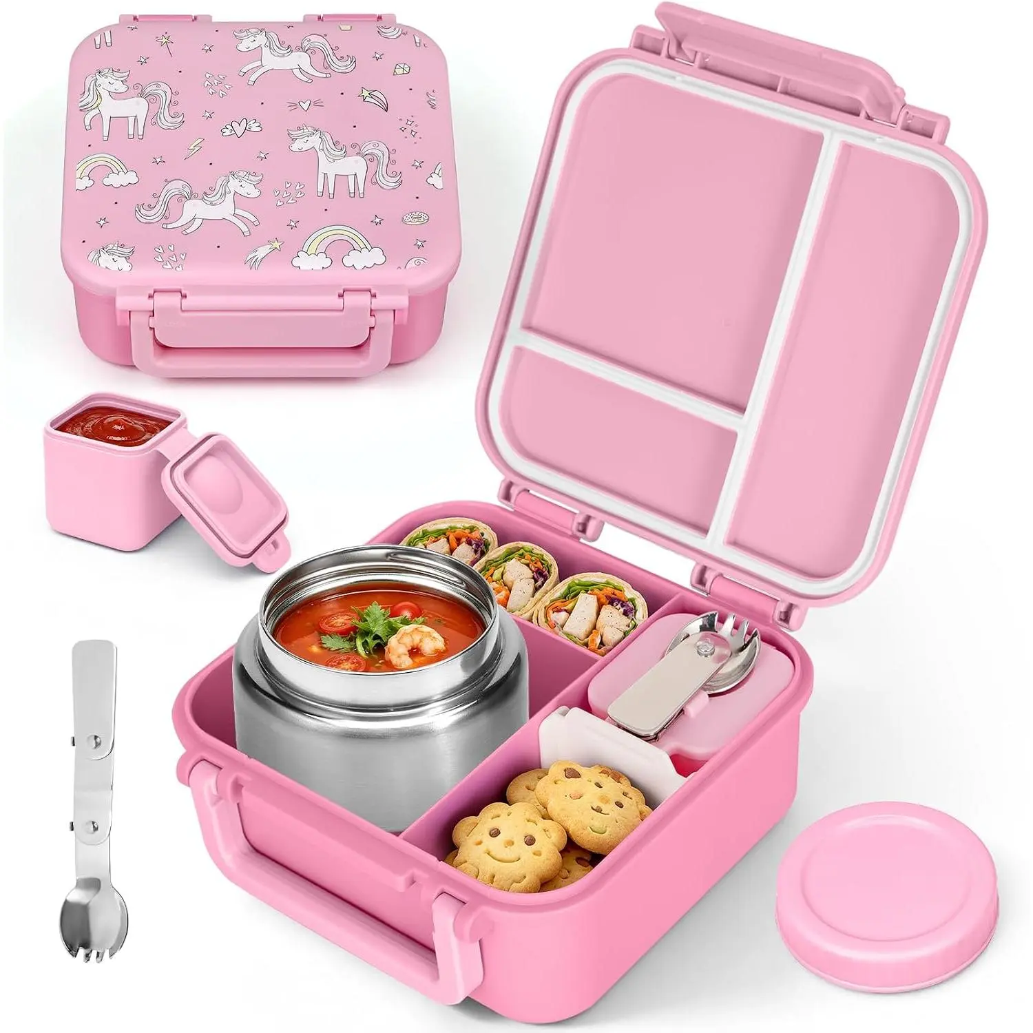 Bento Box for , Lunch Box with Thermo(9oz  Jar),  Sauce Cup, Stainless Steel Spoon & Removable Divider,  Lunch Box Set for Girls Boys  to School,