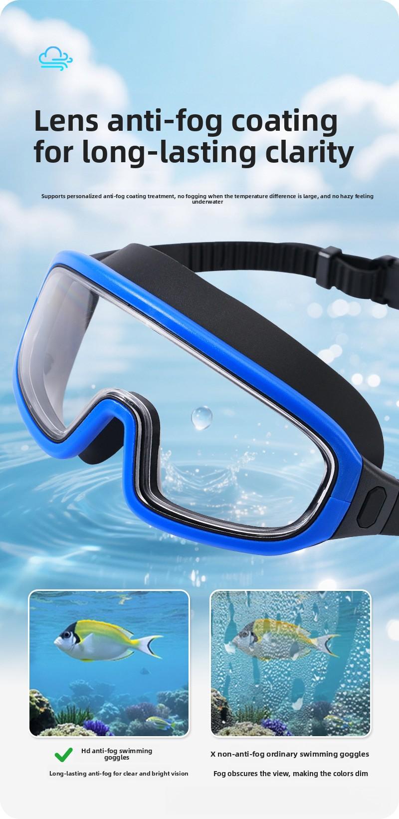 Adult swimming goggles with large frame, electroplated, transparent, waterproof, anti-fog, wide field of vision, unisex protective swimming goggles