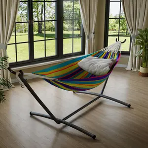 Double Hammock with Collapsible Steel Stand, Adjustable Double Layer Thick Rope Hammock with Carry Bag, 450 lbs Capacity Portable Outdoor Dressing Bed for Backyard Porch