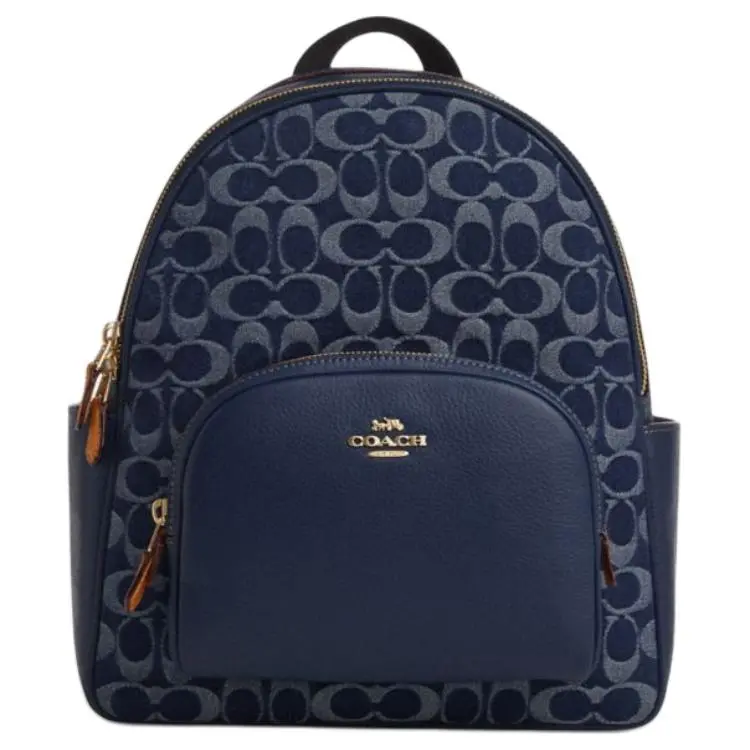 COACH Court 28 Logo Zip-Top Backpack for Women – Denim Blue and Natural Leather