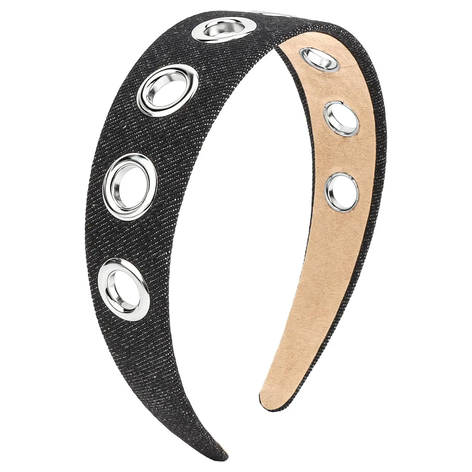 Y2K Grunge Grommet Headbands for Women Black Denim Eyelet Punk | Gothic Headband Punk Hair Accessories for Halloween