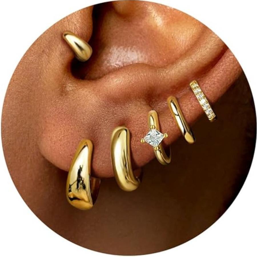 4Pairs Small Hoop Earrings  Women Trendy Stackable Chunky Earrings Hypoallergenic Huggie Earring Stacks Lightweight Earring Sets  Multiple Piercing Adjustable Auto Screen Clicker for Smart Phone shopping spree