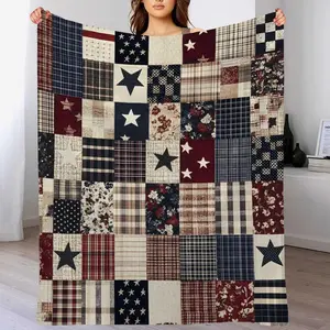 Printed Faux Patchwork Americana Throw Blanket Faux Blanket Look Country Farmhouse Flannel Gifts for Women and Men Rustic Home Decor for Couch and Bed