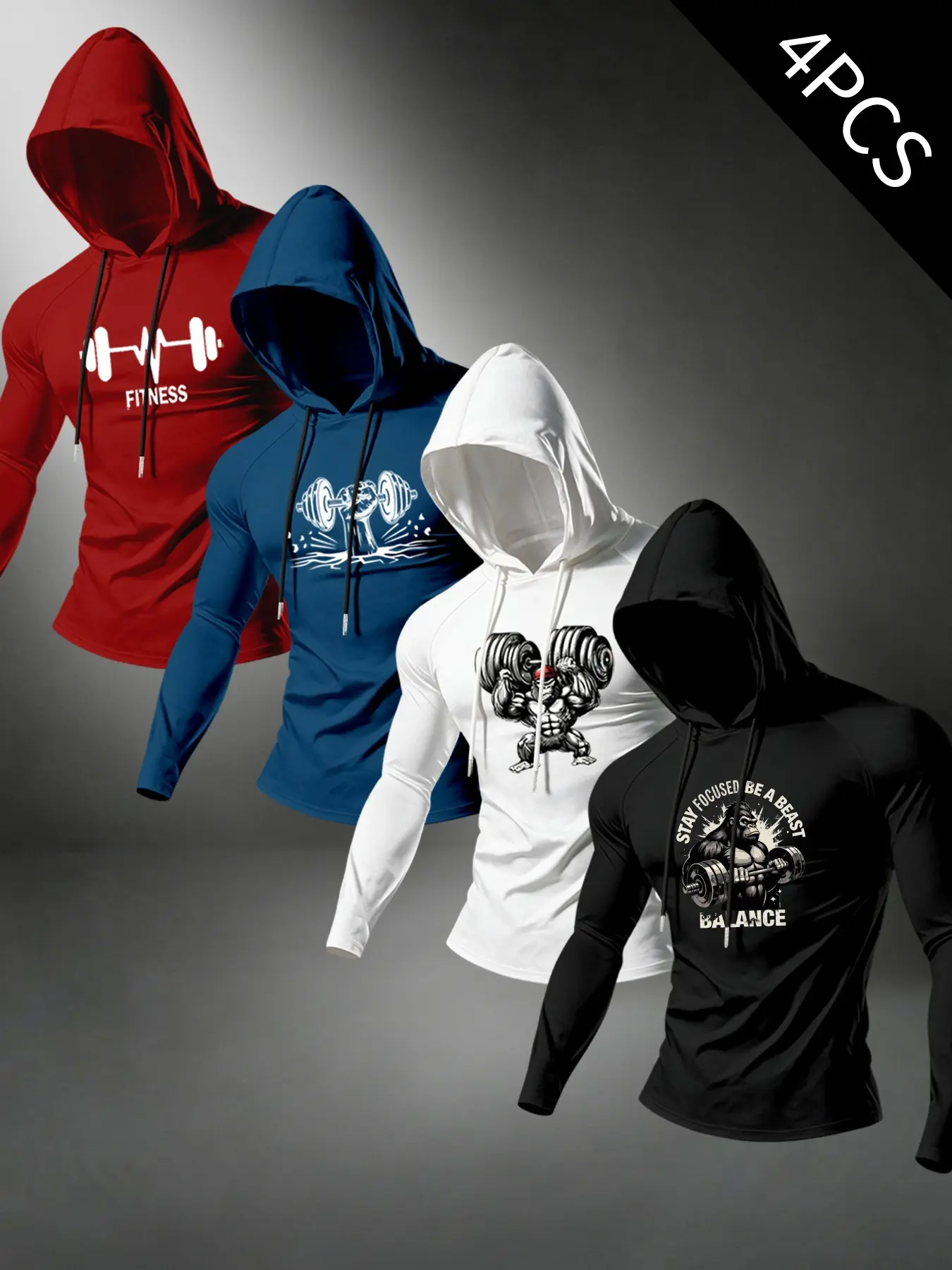 Four-Piece Men's Hooded Long Sleeve T-Shirts, Dumbbell Gorilla Barbell Print, Comfortable Breathable Casual Athletic Style Fashion for Fitness Sports