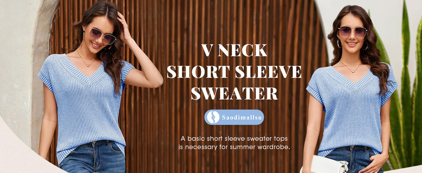 Saodimallsu Womens V Neck Short Sleeve Sweater Summer Lightweight Cap Sleeve Casual Loose Knit Pullover Tank Tops Knitwear