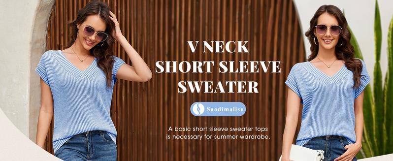 Saodimallsu Womens V Neck Short Sleeve Sweater Summer Lightweight Cap Sleeve Casual Loose Knit Pullover Tank Tops