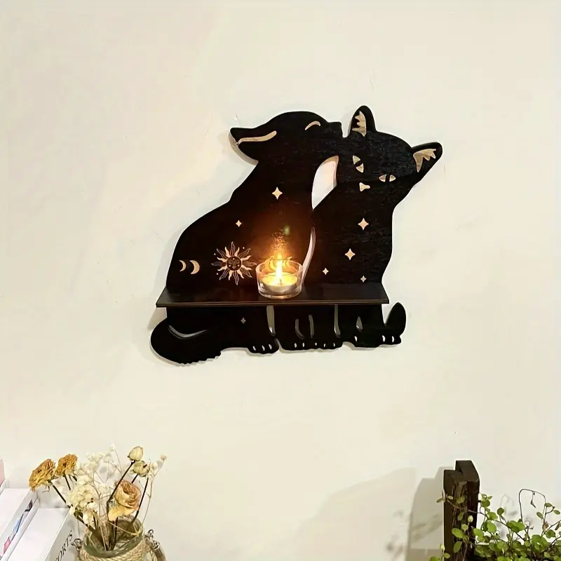 Couple Black Cat Wooden Floating Wall Shelf, Moon Star Cutout Cat Wall Mount Display Rack, Gothic Boho Candle Crystal Trinket Storage Shelves for Bedroom Witchy Meditation Room Altar Wall Decorations