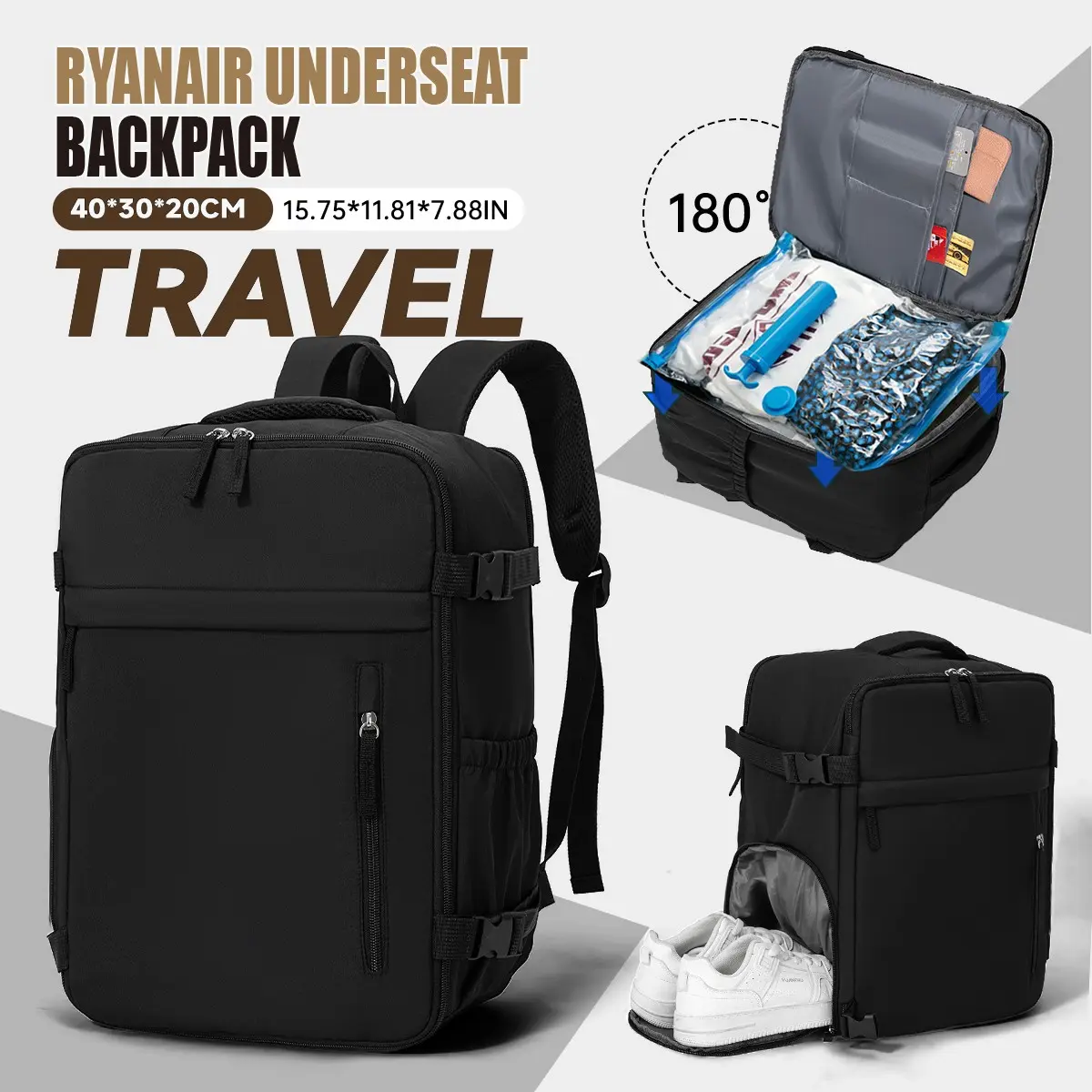 Vacuum Compression Backpack, Ryanair Cabin Bag 40x30x20cm, Easyjet Carry On, Hand Pump, Shoe Compartment, Tsa Approved, Travel Gift, Portable Travel Backpack