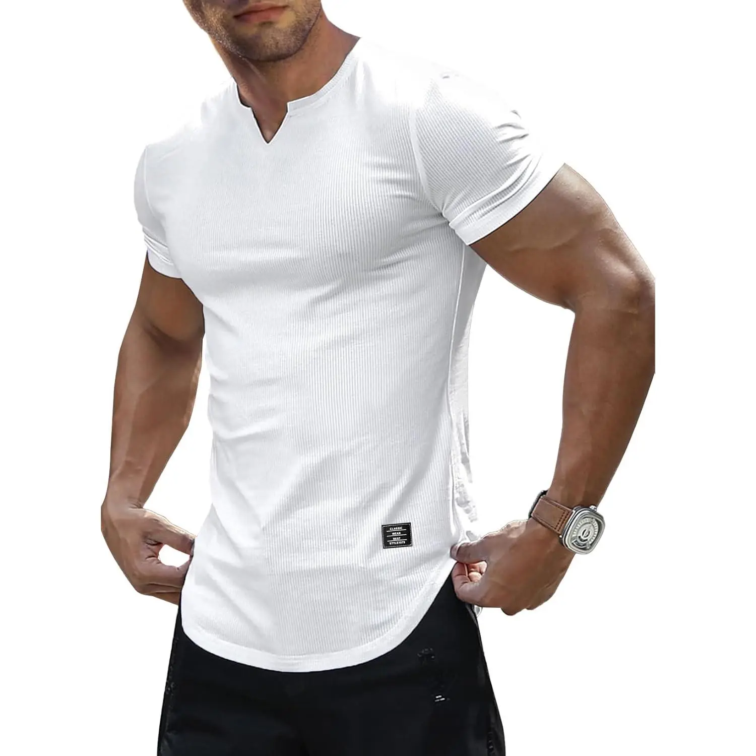 Mens Muscle Fit V Neck T Shirt Short Sleeve Workout Tee |   Slim Fit, Textured Ribbed Fabric, Longline Curved Hem, Stretch Comfort, Casual Summer Fitted Tops for Athletic Gym