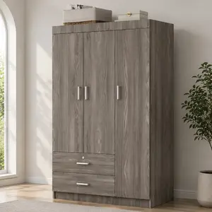 ARCH 3-Door Wardrobe with 2 Drawers, Gray Wood Grain Effect, MDF, Freestanding Closet Storage Cabinet for Bedroom, 41.3"L x 18.5"W x 68.2"H, Large Capacity Organizer with Locking Top Drawer, Modern Contemporary Style