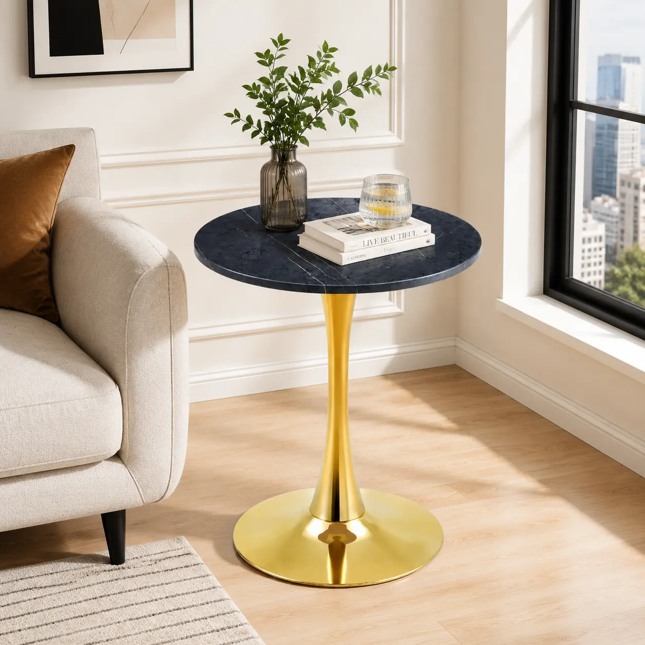 Nokaa Round Dining Table 23.6" Circle Tulip Table with Thickened Faux Marble Top & Metal Pedestal Base, Mid Century Modern Bistro Table for Kitchen, Small Spaces, Living Room, Cafe, Compact Breakfast Nook Furniture