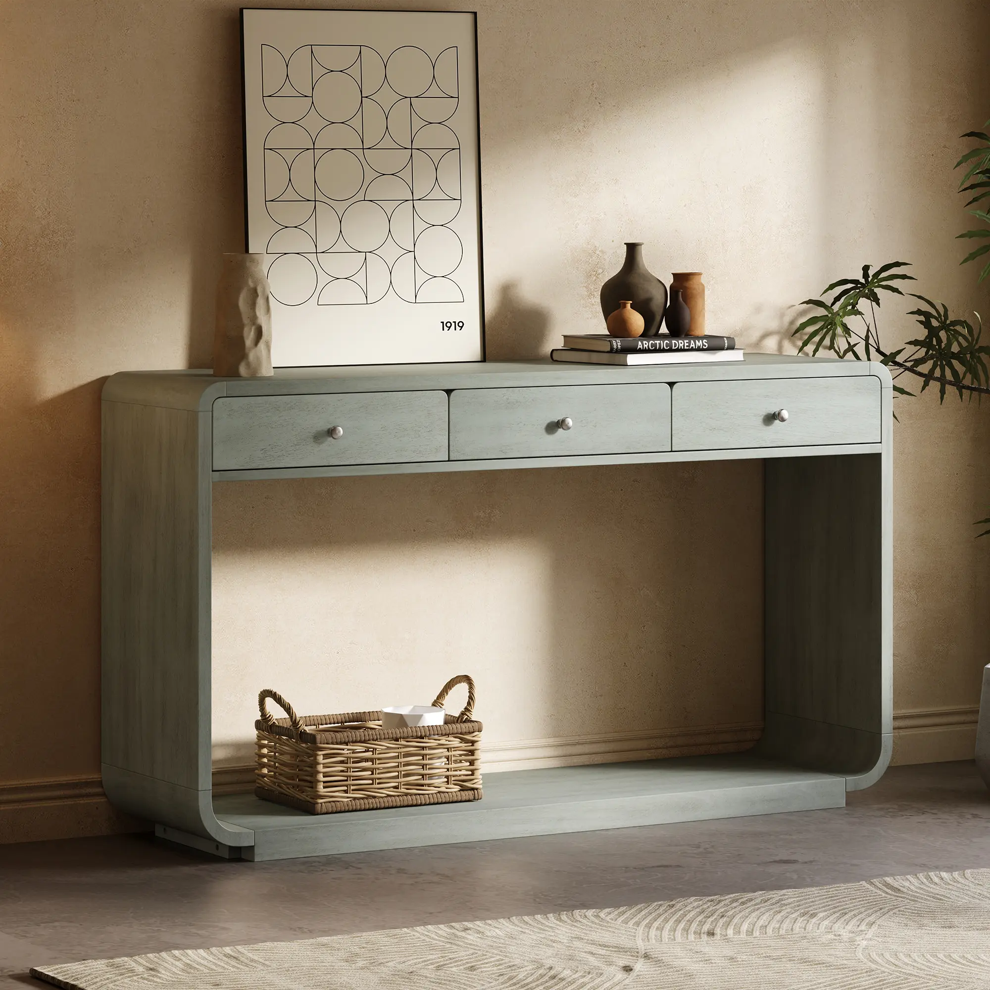 55" Antique Blue Console Table with 3 Drawers and Bottom Shelf, YATU Living