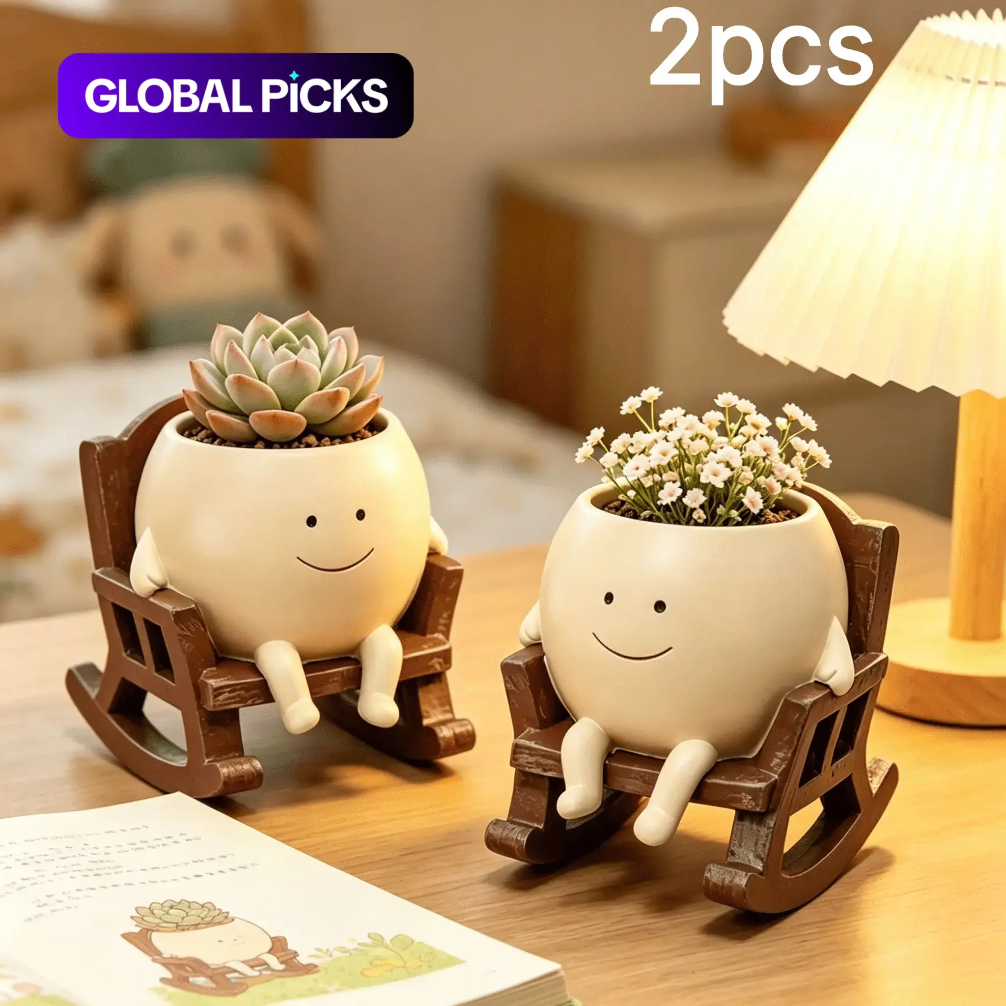 Rocking Chair Planter Flower Pot, Smiling Face Resin Succulent Pot with Drainage Hole, Resin Planters, Whimsical Office Desk Room Decor, 1/2 Pack Swinging Planter #GLOBAL PICKS