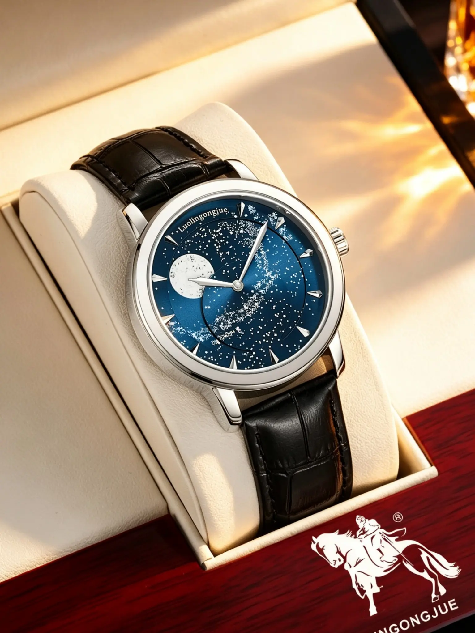 Men's Mechanical Watch with Starry Sky Moon Phase, Fashion Analog Round Face, Metal Strap, Business Casual Wristwatch, Birthday Gift