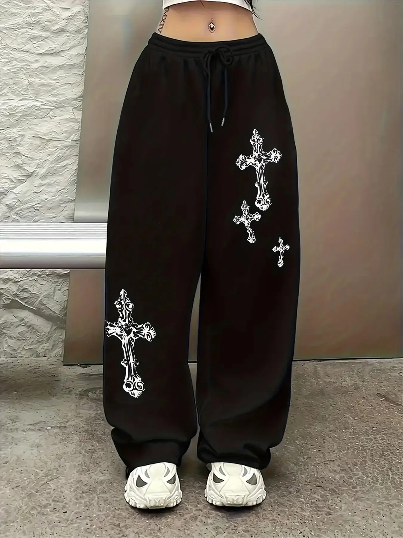 Women Gothic Cross Print Cuff Sweatpant Soft Fleece Casual Skate Festival Street Campus Daily Commute Chic 2026 #basicaltstreettrouser #springallmatchy2kjogger #punkrelaxedfitpant