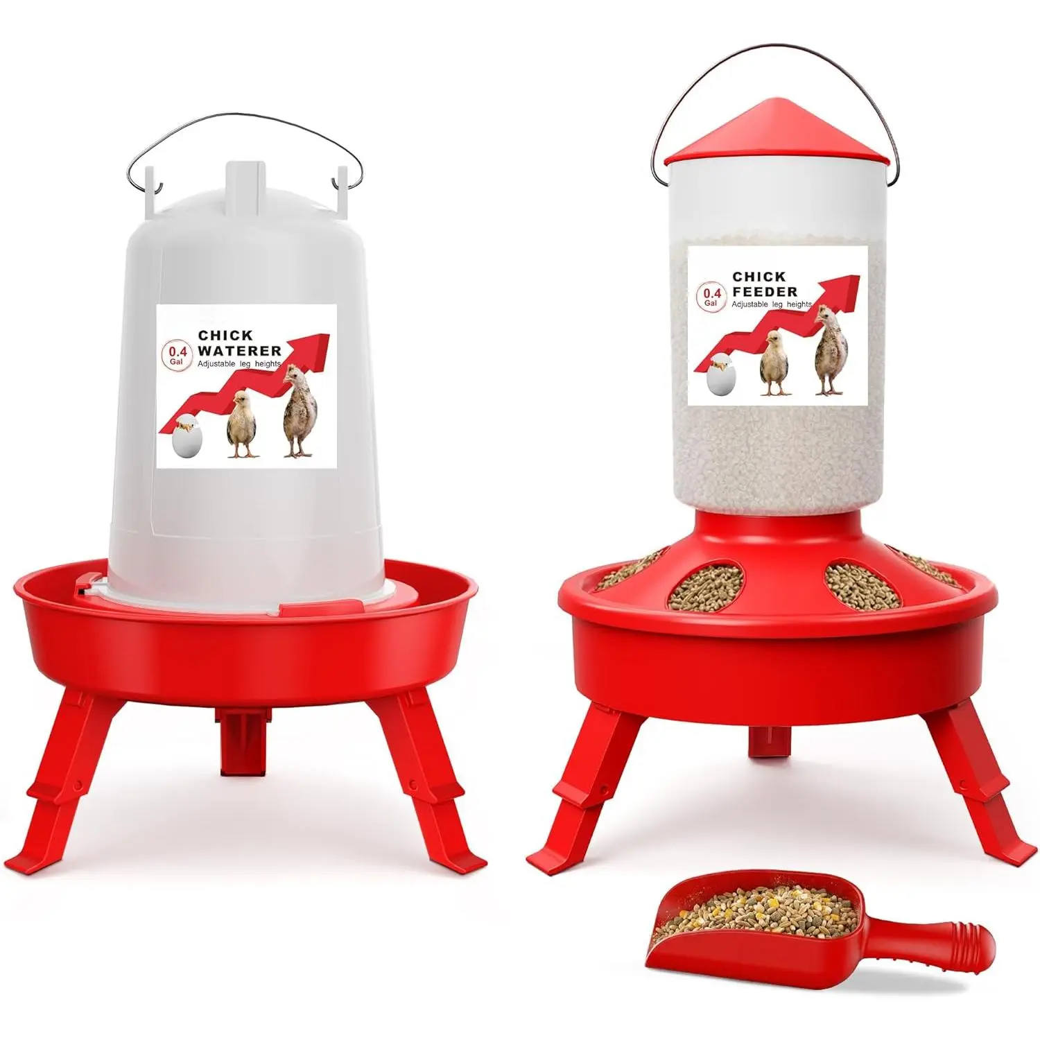 0.4 Gal 2-in-1 Chicken Feeder & Waterer Starter Set - Adjustable Legs, Anti-Drown Design, Scoop, Hooks, Farm Animal Feeding Tools