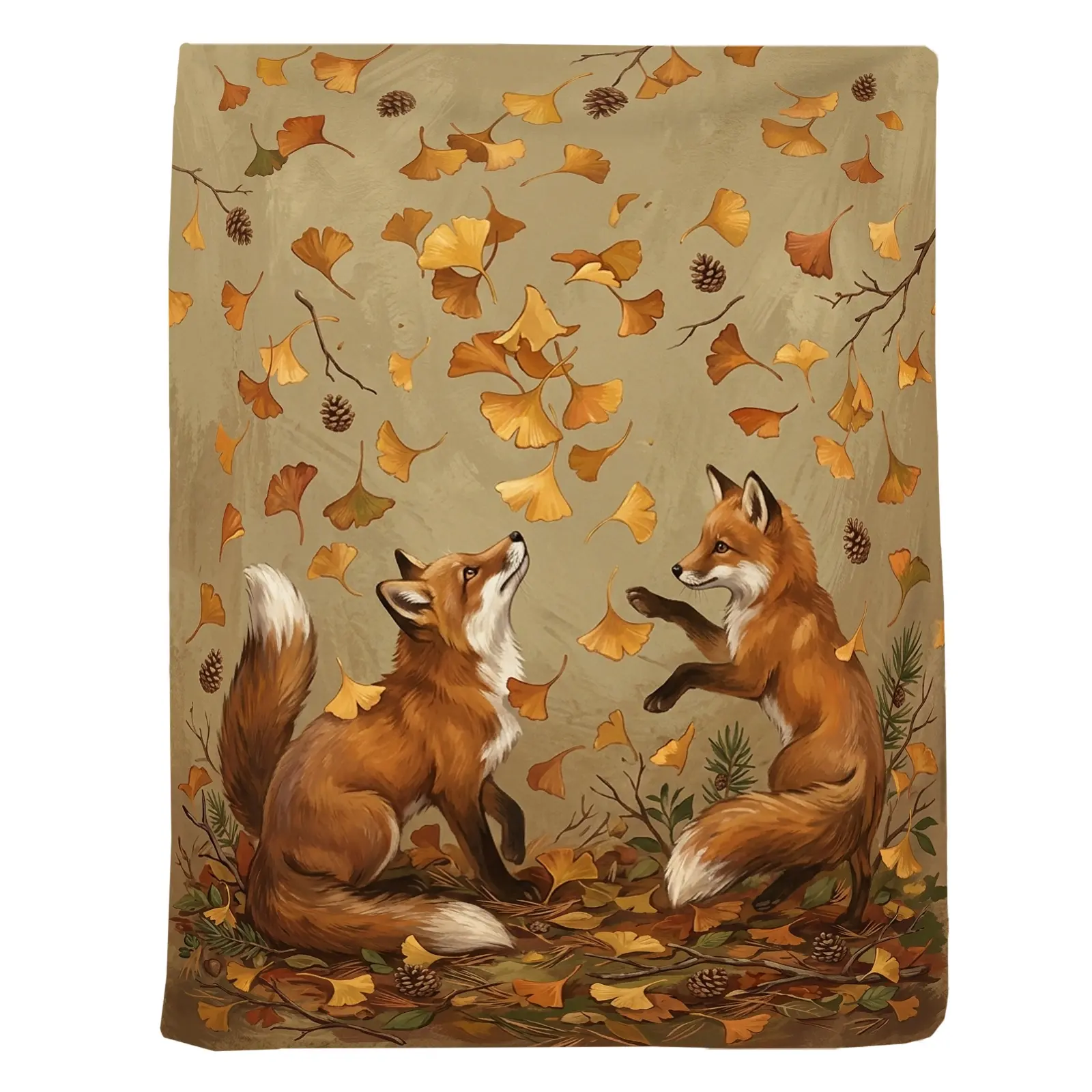 1pc Fox Ginkgo Leaves Blanket, Whimsical Autumn Style, Playful Foxes Surrounded by Falling Ginkgo Leaves and Pinecones, for Living Room Sofa Fall Decor and Nature Lover Gift