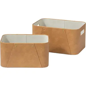 Storage Baskets for Organizing, 2 Pack, Storage Cube Boxes Luxury Brown Vegan Leather for Closet Shelf Cabinet Bookcase Camel