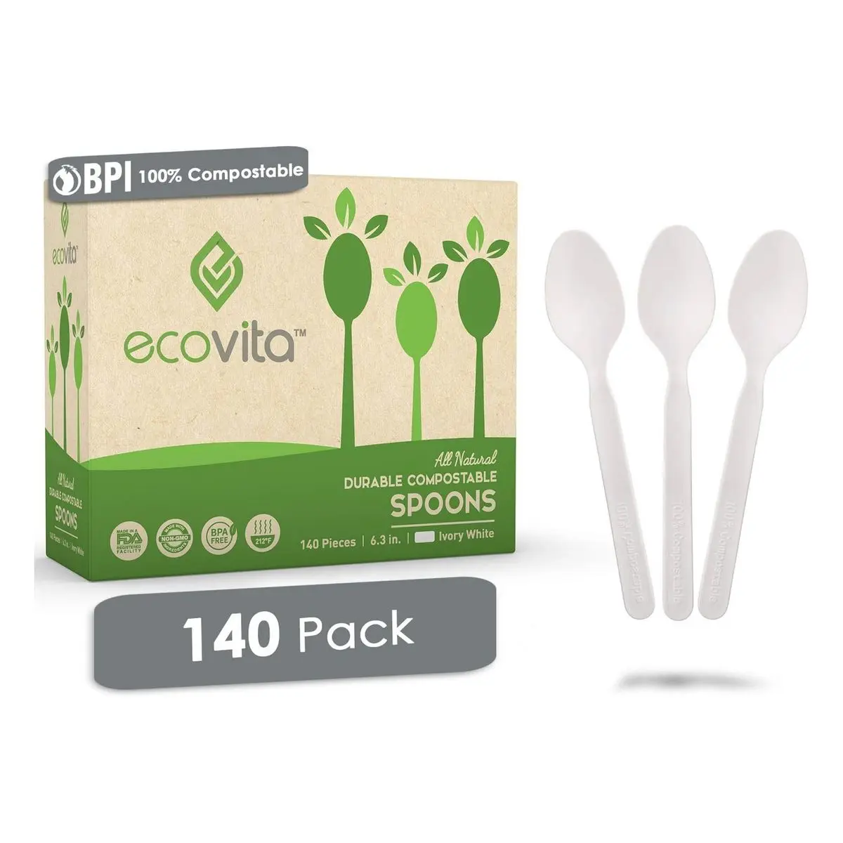 Compostable Large Disposable Spoons, 140-Pack Disposable Tableware with Convenient Tray, 6.3 in Durable Heat-Resistant Plastic Alternative for Parties, Festive Events