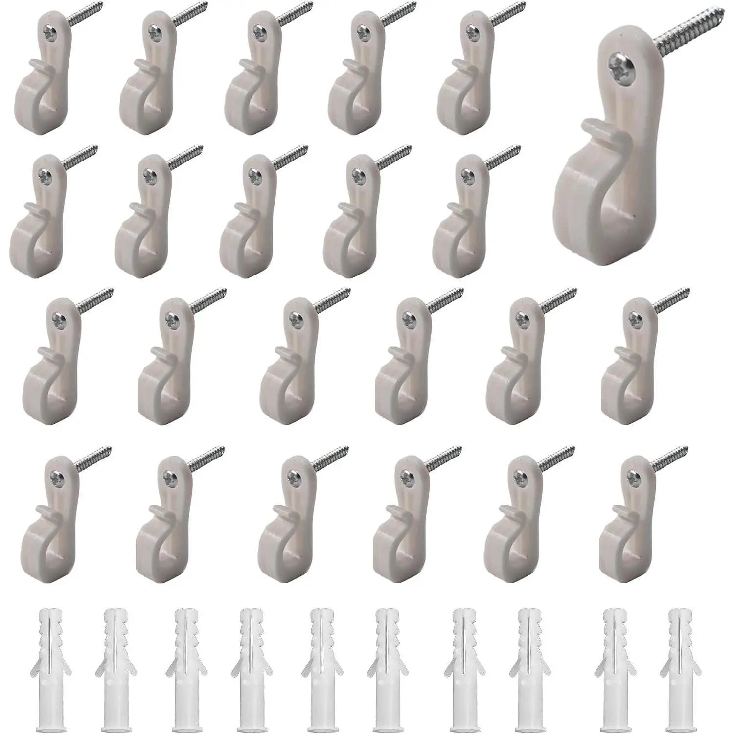32 count White Down Wall Clips for Wire Shelving - Heavy Duty Plastic Loop Brackets with Screws and Expansion Tubes, Closet Shelf Support Clips for Wire Organization Systems