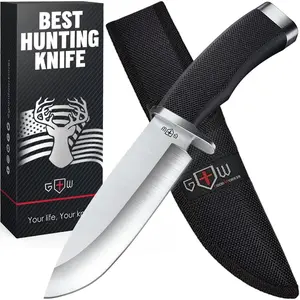 Fixed Blade Sharp Hunting Knife with Sheath Tactical Survival Knife for Men Camping Hiking Bushcraft Field Gear Accessory Tool with Rubber Handle