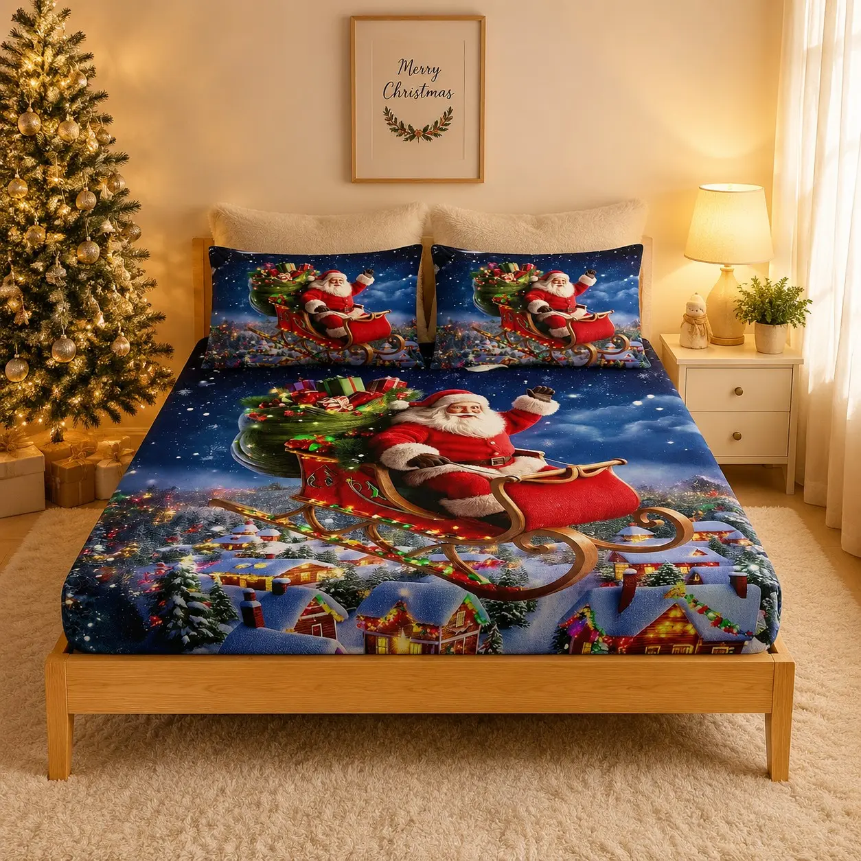 3-Piece Christmas Bed Sheet Set, Santa Claus Pattern, Polyester, King Size, Includes 1 Duvet Cover & 2 Pillowcases