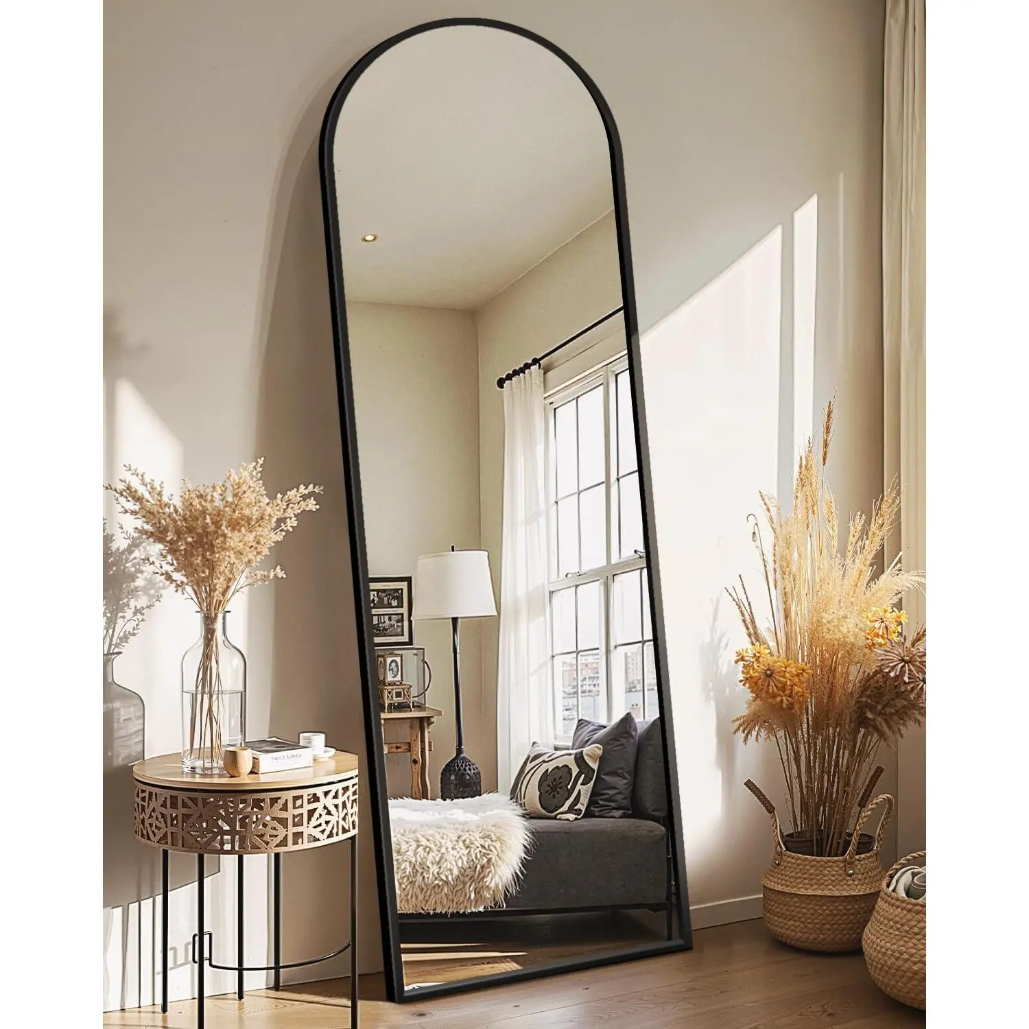 Arched Full Length Mirror with Stand, Black Floor Mirror | Aluminium alloy frame with  float glass for distortion-free reflection. Free standing or wall mounted.