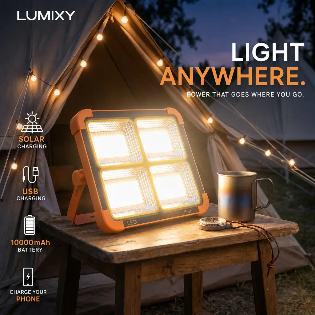 10000LM Solar Rechargeable LED Work Light, IP66 Waterproof Portable Flood Light with 5 Modes, 10000mAh, Camping Essential for Hiking Outdoor Use security accessory