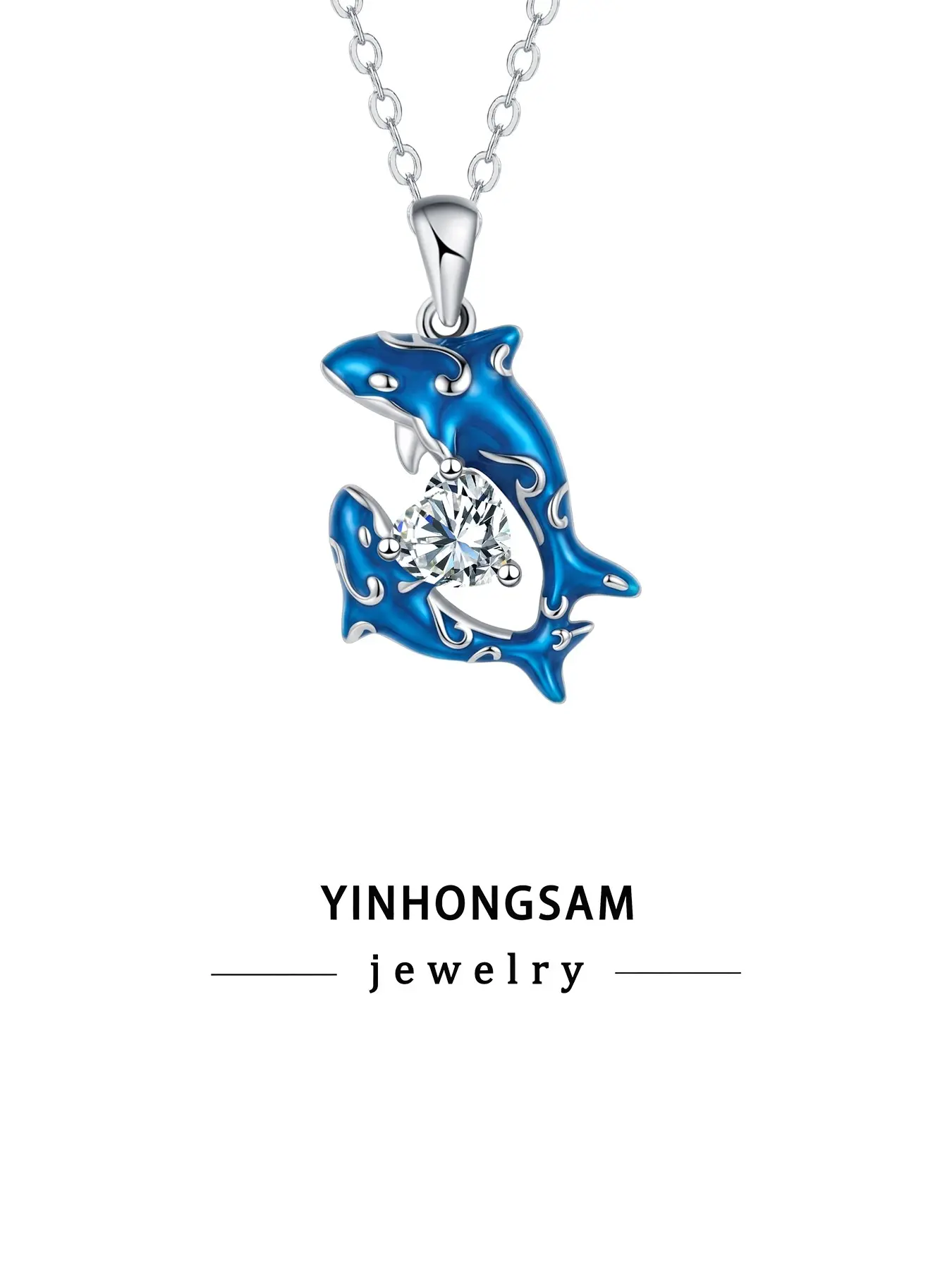 Yinhongsam Blue Dolphin Heart Cz Pendant Necklace, Enamel Ocean Style Ladies Collar Chain Gift with Box, Casual All-Season Accessory