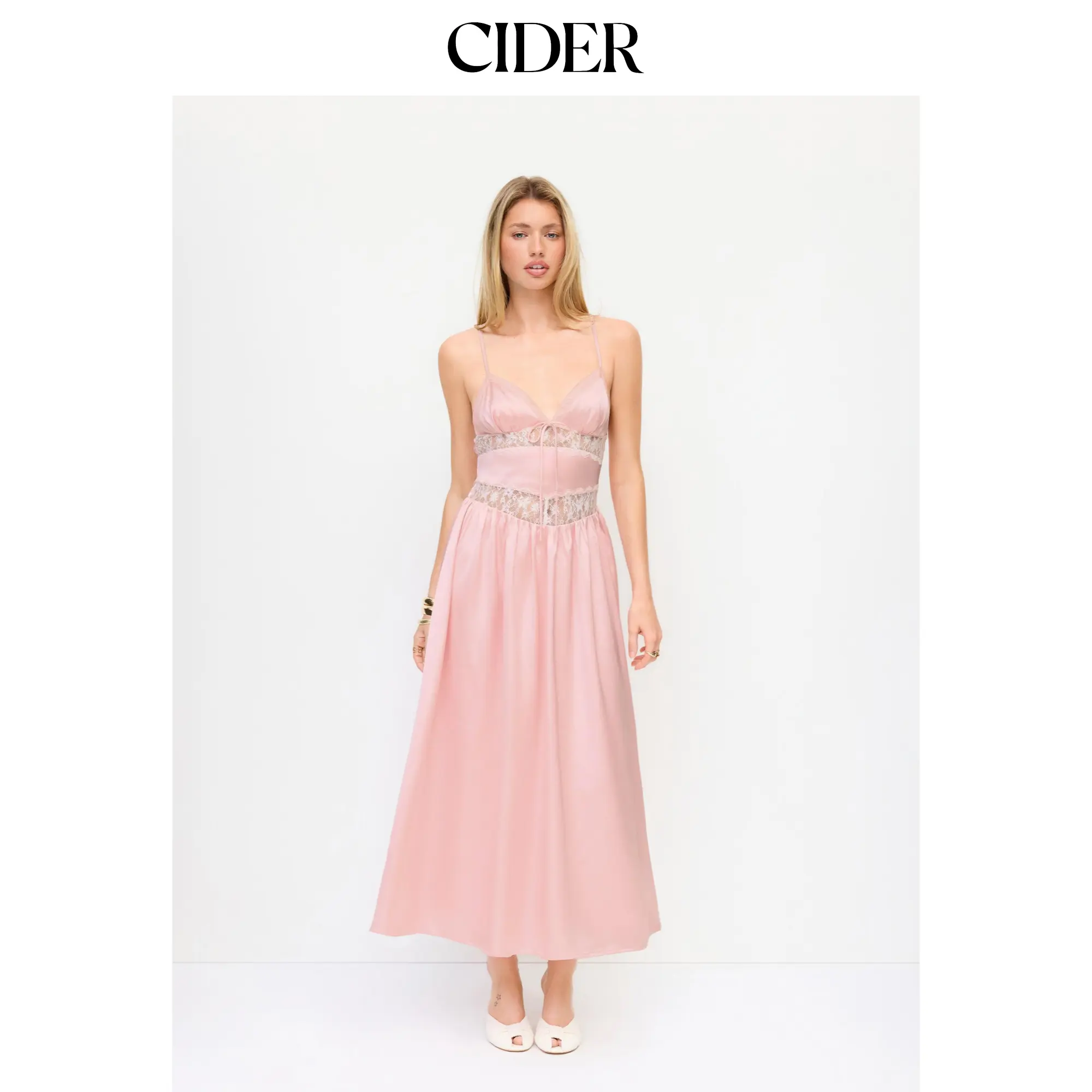 Cider Satin V-neck Lace Panel Mid Rise Maxi Slip Dress SohoChic