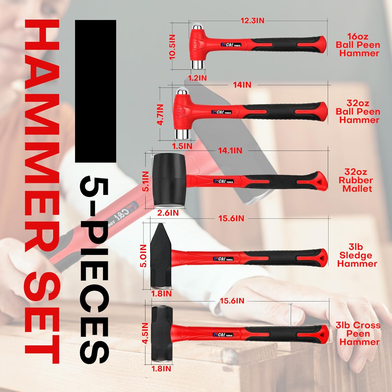 5- Hammer Set, 16oz Ball Peen Hammer | 32oz Ball Peen Hammer | 32oz Rubber Mallet | 3lb Sledge Hammer | 3lb Cross Peen, Fiberglass Handle & Mallet Set
