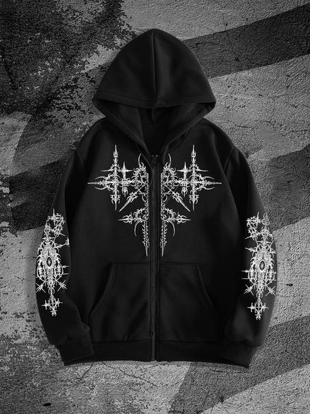 Men's Gothic Style Zip Up Hoodie, Regular Fit Casual Long Sleeve Graphic Hooded Sweatshirt for Fall & Winter, Men's Top for Daily Wear, Pullover