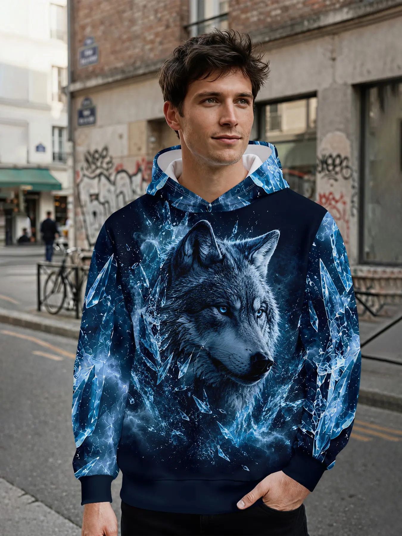 Men's Hooded Sweatshirt with Deep Sea Ice Crystal Wolf Digital Print, All over Print, Casual Fitted Style, Perfect Gift for Festivals