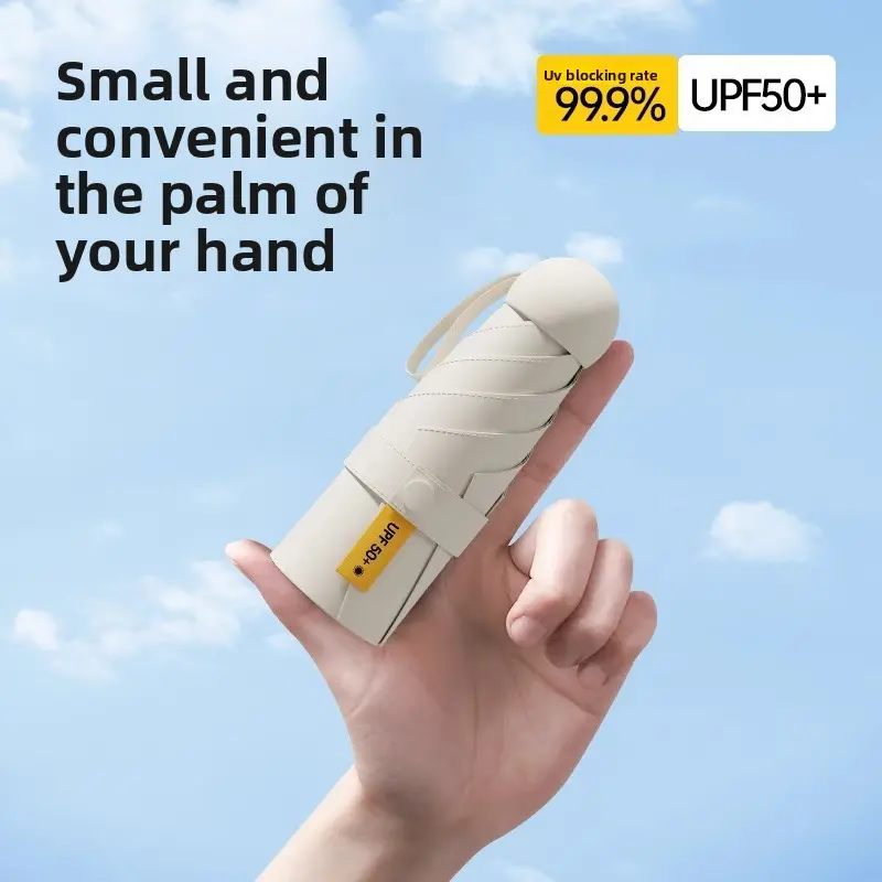 Sun Umbrella Compact Folded Palm-Sized Lightweight Outdoor UV Protection Upf50+ for Leisure Sports, Solid Tone
