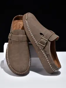 Men's Handmade Leather Clogs, Non-Slip Slip-On Mules with Adjustable Buckle, Casual Slippers for Indoor & Outdoor