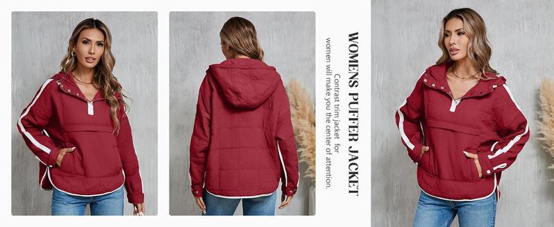 Imily Bela Womens Puffer Pullover Jacket Winter Quilted Hoodies Contrast Trim Hooded Puffy Coat Outerwear with Pockets