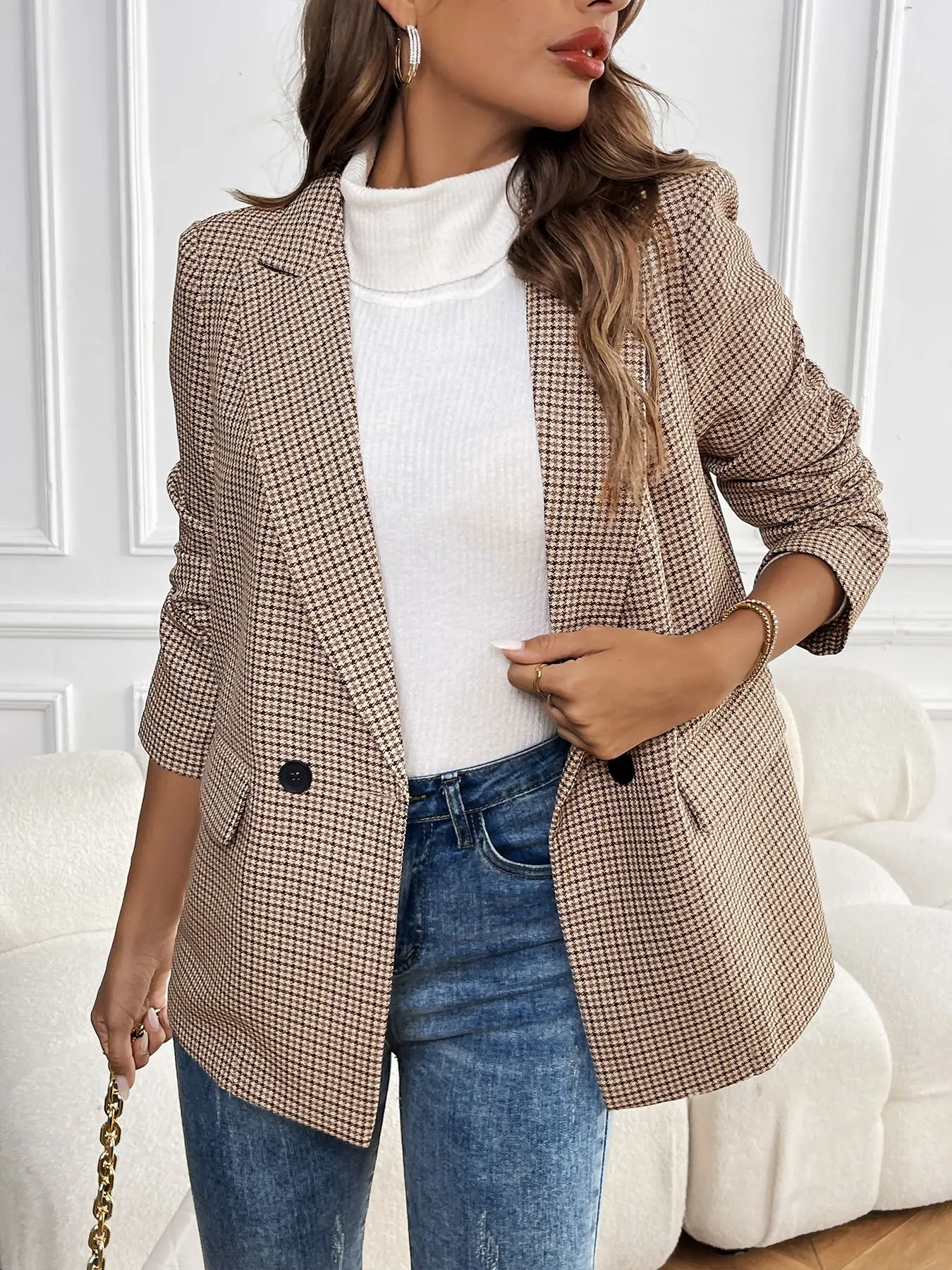 Vintage Birdseye Pattern Suit Jacket for Women, Loose Fit Notched Lapel Single Button Commuter Plaid Casual Blazer