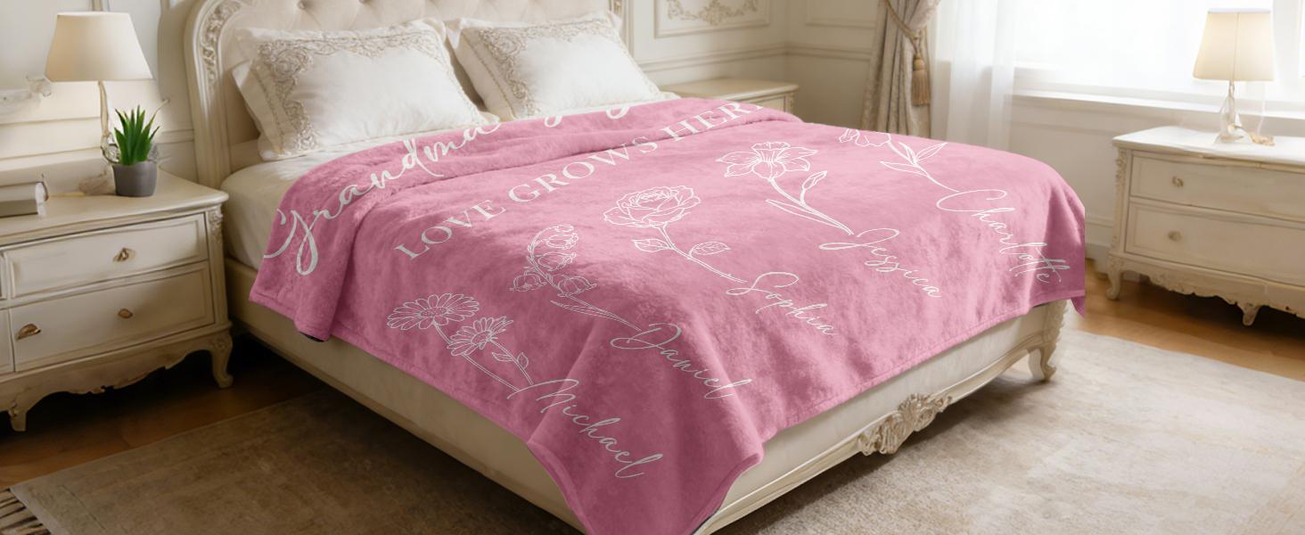 Gifts for Mom, Mothers Day Blanket Gifts, Custom Blanket with Name and Birth Month Flowers, Personalized Birthday Gifts for Mom Grandma from Son Daughter