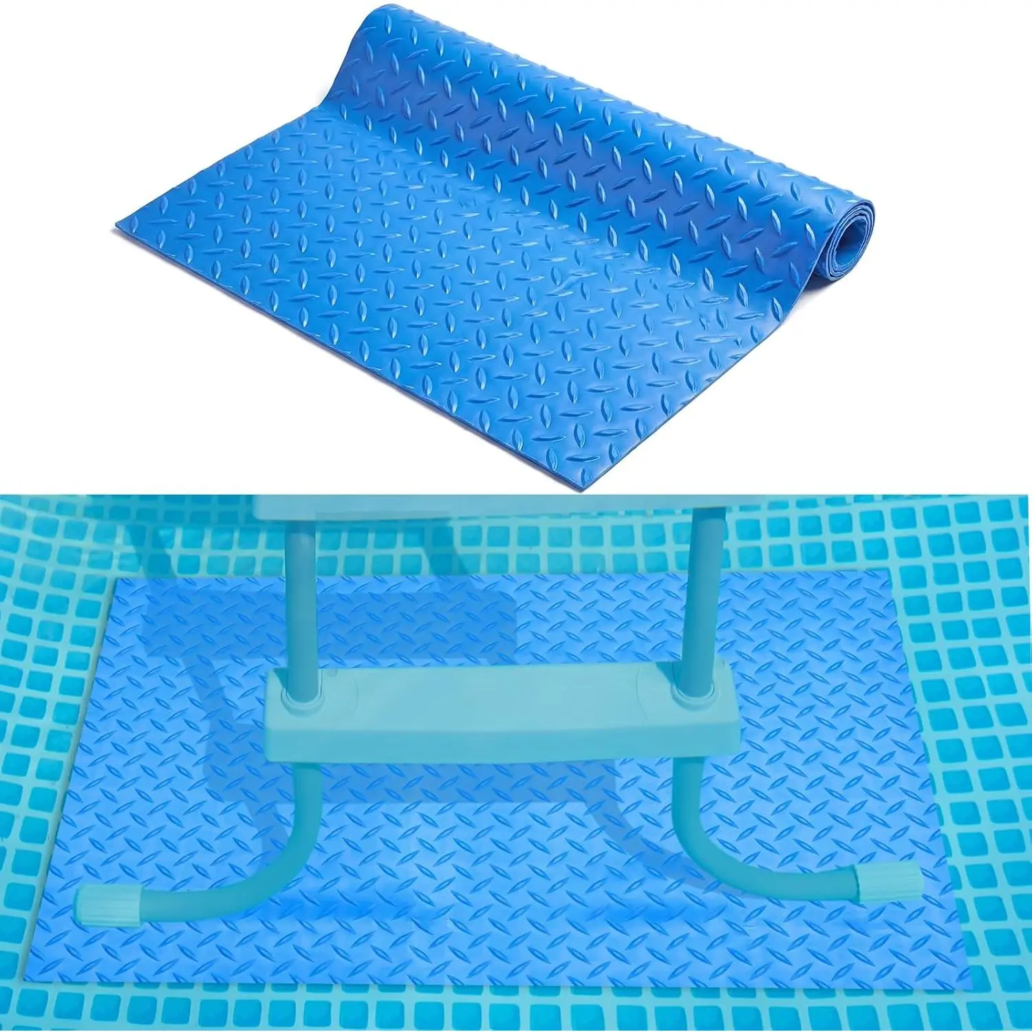 36x24 In Sand-Proof Pool Ladder Mat, Raised Texture Nonslip Pad for Above Ground Stairs, Diving Board Decks & Entrances, Liner-Protecting Easy-Maintenance Easy-Store Accessory for Laying on Surface, Blue